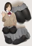  1girl black_legwear brown_eyes buttons collared_shirt commentary_request feet highres lap_pillow_invitation long_sleeves looking_at_viewer miru_tights moegi_homi multiple_views open_mouth pantyhose pleated_shirt red_neckwear seiza shirt short_hair sitting white_shirt yomu_(sgt_epper) 
