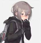  ... 1girl backpack bag bangs black_gloves blush brown_hair eyebrows_visible_through_hair girls_frontline gloves grey_background hair_between_eyes hood jacket long_hair long_sleeves m200_(girls_frontline) nagu open_clothes open_mouth ponytail shirt simple_background solo upper_body violet_eyes 