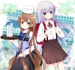  2girls :o backpack bag bangs black_skirt blue_neckwear blue_vest bow bowtie brown_eyes brown_hair brown_skirt collared_shirt cosplay costume_switch eyebrows_visible_through_hair gochuumon_wa_usagi_desu_ka? hair_between_eyes hair_ornament head_tilt highres kafuu_chino kafuu_chino_(cosplay) long_hair long_sleeves looking_at_viewer multiple_girls namori_(fictional_persona) neck_ribbon oomuro_hanako oomuro_hanako_(cosplay) parted_lips pleated_skirt rabbit_house_uniform randoseru red_ribbon ribbon ryoutan shirt skirt star suspender_skirt suspenders uniform very_long_hair vest waitress white_shirt x_hair_ornament yuru_yuri 