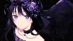  1girl achiki black_background black_choker black_hair choker collarbone floating_hair gem hair_ornament jewelry light_particles long_hair looking_at_viewer necklace original parted_lips sanpaku simple_background solo upper_body veil violet_eyes 