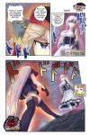  2girls artist_name azur_lane belfast_(azur_lane) black_gloves black_panties blue_eyes boots breasts cleavage comic commentary english_commentary english_text faceless faceless_female gameplay_mechanics gloves grey_hair highres jojo_no_kimyou_na_bouken large_breasts maid multiple_girls panties pantyshot parody s.claw scharnhorst_(azur_lane) shaded_face thigh-highs thigh_boots underwear violet_eyes 