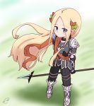  1girl abigail_williams_(fate/grand_order) arm_behind_back arm_grab armored_boots bangs black_gloves black_pants blonde_hair blue_eyes blush boots bow breastplate brown_bow closed_mouth commentary_request cosplay cosplay_request eyebrows_visible_through_hair eyes_visible_through_hair fate/grand_order fate_(series) forehead from_above gloves green_bow hair_bow highres holding holding_spear holding_weapon kujou_karasuma long_hair looking_at_viewer looking_up pants parted_bangs pauldrons polearm signature solo spear standing very_long_hair weapon 