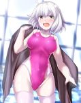  1girl arena_(company) breasts brown_towel collarbone competition_swimsuit cowboy_shot embarrassed eyebrows_visible_through_hair fate/grand_order fate_(series) hair_between_eyes highres indoors jeanne_d&#039;arc_(alter)_(fate) jeanne_d&#039;arc_(fate)_(all) looking_at_viewer medium_breasts one-piece_swimsuit open_mouth pink_swimsuit pool rei_no_pool short_hair silver_hair solo standing sunlight swimsuit thigh-highs towel water wet wet_clothes wet_swimsuit white_legwear window yellow_eyes zanntetu 
