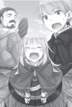 1boy 1girl ayakura_juu barrel bear capelet closed_eyes facial_hair greyscale long_hair monochrome mustache myuri_(spice_and_wolf) novel_illustration official_art open_mouth outdoors ponytail spice_and_wolf sweatdrop tears tote_col 