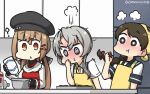  3girls ? @_@ alcohol apron asymmetrical_hair beret black_bow black_hat blouse blush bow braid brown_eyes brown_hair chocolate drunk eyebrows_visible_through_hair flipped_hair grey_eyes hair_between_eyes hair_bow hair_ornament hair_ribbon hamu_koutarou hat highres kantai_collection kitchen long_hair looking_at_viewer low_twintails multiple_girls necktie nowaki_(kantai_collection) red_ribbon ribbon sailor_collar scarf school_uniform serafuku short_hair short_sleeves silver_hair single_braid star tashkent_(kantai_collection) torn_scarf twintails uranami_(kantai_collection) vest vodka white_scarf yellow_neckwear 