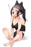  1girl animal_ears bare_shoulders barefoot bell bell_choker black_hair blush breasts cat_ears choker cleavage closed_eyes denim denim_shorts full_body highres karasuma_yayoi long_hair medium_breasts midriff open_mouth original ponytail shorts sitting sleeveless solo teeth tongue tongue_out yawning 