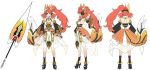  1girl alternate_hairstyle amou_kanade animal_ears bare_back black_footwear breasts character_sheet cleavage detached_sleeves fake_animal_ears fox_ears fox_tail from_behind full_body high_heels high_ponytail lance long_hair official_art platform_footwear platform_heels polearm ponytail profile redhead senki_zesshou_symphogear senki_zesshou_symphogear_xd_unlimited simple_background smile solo tail weapon white_background 