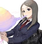  1girl absurdres bag blazer buttons collared_shirt commentary cotton_candy eating hair_ornament hairclip highres jacket long_hair long_sleeves necktie ohisashiburi original red_neckwear school_bag shirt shoulder_bag solo upper_body white_background white_shirt 