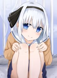  1girl absurdres alternate_costume blue_eyes blue_skirt blue_sky blush clouds commentary_request contemporary daru_(kumakumadon) feet_out_of_frame hair_between_eyes hair_ribbon hands_on_own_knees head_tilt highres knees_to_chest konpaku_youmu konpaku_youmu_(ghost) legs_together looking_at_viewer on_ground railing ribbon sailor_collar school_uniform short_hair silver_hair sitting sitting_on_ground skirt sky smile solo tan_sweater touhou white_sailor_collar 