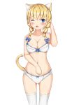  1girl animal_ears bangs bare_arms bare_shoulders blonde_hair blue_bow blush bow bow_bra bow_panties bra braid breasts cat_ears cat_girl cat_tail cleavage collarbone commentary_request eyebrows_visible_through_hair gluteal_fold hair_between_eyes hair_bow hair_over_shoulder hand_up highres long_hair low_twintails medium_breasts navel original panties simple_background solo standing tail tail_raised takapii thigh-highs twin_braids twintails underwear underwear_only white_background white_bra white_legwear white_panties 