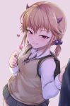  1girl :q backpack bag bangs blush breasts brown_hair candy food highres horns kasai_shin lollipop looking_at_viewer medium_breasts original pov short_twintails skirt smile standing tongue tongue_out twintails uniform violet_eyes 