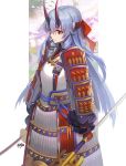  1girl absurdres armor bangs blue_hair closed_mouth commentary_request eyebrows_visible_through_hair fate/grand_order fate_(series) fingerless_gloves gloves grey_background hair_between_eyes hair_ribbon highres holding holding_sword holding_weapon horns japanese_armor japanese_clothes katana kimono kyjsogom long_hair long_sleeves looking_away oni oni_horns puffy_long_sleeves puffy_sleeves red_eyes red_gloves red_ribbon ribbon shoulder_armor signature sode solo sword tomoe_gozen_(fate/grand_order) two-tone_background very_long_hair weapon white_background white_kimono 