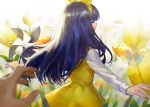  1girl :d animal blue_hair blurry blurry_foreground bow closed_eyes commentary_request danann depth_of_field devotion dress du_meishin fish flower hair_bow hairband long_hair long_sleeves open_mouth out_of_frame pinwheel shirt sleeveless sleeveless_dress smile solo_focus tulip very_long_hair white_shirt yellow_bow yellow_dress yellow_flower yellow_hairband yellow_tulip 