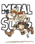  1girl belt boots breasts cleavage commentary_request fio_germi glasses gun handgun hiroe_rei knee_pads large_breasts metal_slug pistol ponytail redhead reloading revolver shadow shorts signature speedloader tonfa vest weapon 