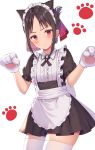  1girl absurdres animal_ears apron bangs black_dress black_hair blush cat_ears collared_dress commentary_request dress eyebrows_visible_through_hair fake_animal_ears frilled_apron frilled_skirt frills hair_ribbon hairband highres izumo_neru kaguya-sama_wa_kokurasetai_~tensai-tachi_no_renai_zunousen~ looking_at_viewer maid parted_bangs paw_pose paw_print paws pout puffy_sleeves red_eyes red_ribbon ribbon shinomiya_kaguya short_hair short_sleeves sidelocks simple_background skirt solo sweatdrop thigh-highs thighs white_background white_legwear zettai_ryouiki 