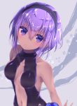  1girl bangs bare_arms bare_shoulders black_hairband blush breasts breasts_apart center_opening collarbone commentary_request dark_skin fate/grand_order fate_(series) flower grey_background hair_between_eyes hairband hassan_of_serenity_(fate) konno_kengo looking_at_viewer medium_breasts navel parted_lips purple_hair revealing_clothes short_hair sidelocks solo standing stomach upper_body violet_eyes white_flower 