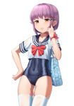  1girl absurdres bag bangs blue_sailor_collar blue_swimsuit bow brown_eyes collarbone covered_navel eyebrows_behind_hair goback hair_flaps hair_ornament hairclip hand_on_hip hand_up highres idolmaster idolmaster_cinderella_girls koshimizu_sachiko looking_at_viewer old_school_swimsuit parted_lips purple_hair red_bow sailor_collar school_bag school_swimsuit school_uniform serafuku shirt short_sleeves simple_background skindentation solo swimsuit swimsuit_under_clothes thigh-highs white_background white_legwear white_shirt 