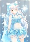  1girl absurdly_long_hair absurdres animal_ears arctic_fox_(kemono_friends) bare_legs bare_shoulders blue_bow blue_dress blue_gloves blue_skirt blush bow breasts dress elbow_gloves eyebrows_visible_through_hair fox_ears fox_tail gloves hair_ornament hairband highres kanzakietc kemono_friends long_hair looking_at_viewer medium_breasts off-shoulder_shirt off_shoulder parted_lips shirt skirt smile snowflake_hair_ornament solo tail very_long_hair white_hair yellow_eyes 
