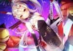  1girl amahara_pekozaemon ayanami_(azur_lane) ayanami_(lunar_demon_god)_(azur_lane) azur_lane bangs blush breasts cleavage closed_eyes commentary_request detached_sleeves dutch_angle eyebrows_visible_through_hair hair_between_eyes hair_ribbon headgear holding holding_sword holding_weapon light_brown_hair long_hair looking_at_viewer medium_breasts ponytail red_ribbon ribbon sidelocks solo sword thigh-highs very_long_hair weapon 
