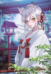  10_plus 1girl animal_ear_fluff animal_ears bangs blush closed_mouth commentary commission fox_ears fox_girl grey_hair hair_between_eyes highres japanese_clothes kimono lantern long_sleeves looking_at_viewer original outdoors plant red_rope rope short_hair sidelocks skeb_commission slit_pupils solo tassel upper_body white_kimono wooden_lantern yellow_eyes 