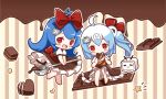  2girls :d ahoge barefoot bili_girl_22 bili_girl_33 bilibili_douga blue_hair blush bow brown_dress chibi chocolate chocolate_bar closed_eyes clouble dress food frilled_dress frills hair_bow hair_ornament heart highres holding holding_food holding_spoon long_hair multiple_girls open_mouth puffy_short_sleeves puffy_sleeves red_bow shirt short_sleeves side_ponytail sidelocks sitting sleeveless sleeveless_dress smile spoon star striped striped_background vertical-striped_background vertical_stripes very_long_hair white_shirt 