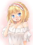  1girl :o alice_margatroid alternate_costume arnest bangs bare_shoulders blonde_hair blue_eyes blush breasts cleavage collarbone commentary_request eyebrows_visible_through_hair frilled_hairband frills gradient gradient_background hairband hand_up head_tilt lolita_hairband looking_at_viewer medium_breasts nose_blush off-shoulder_shirt off_shoulder open_mouth pink_background puffy_short_sleeves puffy_sleeves red_hairband shirt short_hair short_sleeves solo touhou upper_body white_background white_shirt 