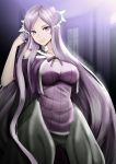  1girl administrator_(sao) breasts closed_mouth dress hair_ornament highres indoors large_breasts long_hair purple_dress purple_hair quinella ryuzaki_71 silver_hair smile solo sword_art_online very_long_hair violet_eyes window 