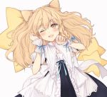  1girl ;d animal_ears apron blonde_hair blue_bow bow braid cat_day cat_ears dress frilled_dress frills hair_bow kemonomimi_mode kirisame_marisa kizitora_hato long_hair no_hat no_headwear one_eye_closed open_mouth paw_pose puffy_short_sleeves puffy_sleeves short_sleeves single_braid smile star_pillow touhou wrist_cuffs 