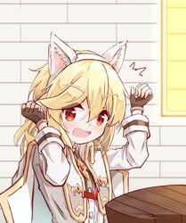  /\/\/\ 1girl animal_ears arms_up bangs blonde_hair blush brick_wall brown_gloves center_frills eyebrows_visible_through_hair fake_animal_ears fingerless_gloves frills girls_frontline gloves hair_between_eyes hairband highres jacket long_hair long_sleeves looking_at_viewer matsuo_(matuonoie) nagant_revolver_(girls_frontline) open_mouth red_eyes shirt solo table white_hairband white_jacket white_shirt window 