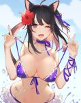  1girl absurdres ahoge animal_ears bad_proportions bikini black_hair blue_bikini blue_ribbon blue_sky breasts cat_ears flower frilled_bikini_bottom hair_flower hair_ornament hair_ribbon hands_up hibiscus highres large_breasts long_hair looking_at_viewer navel neck_ribbon one_eye_closed original ribbon sky solo strap_pull swimsuit yoimon 