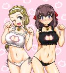  2girls ;d animal_print arm_behind_back bangs bell bell_choker bell_collar black_bra black_panties blonde_hair blush_stickers bra breasts brown_eyes brown_hair cat_cutout cat_ear_panties cat_lingerie cat_print choker cleavage cleavage_cutout closed_mouth collar commentary_request contrapposto cowboy_shot eyebrows_visible_through_hair frilled_bra frills girls_und_panzer groin hair_pulled_back hairband head_tilt jingle_bell kondou_taeko long_hair looking_at_viewer medium_hair meme_attire motion_lines multiple_girls navel one_eye_closed oosaka_kanagawa open_mouth panties partial_commentary paw_pose pink_background ponytail sasaki_akebi side-by-side side-tie_panties smile string_panties sweat thigh_gap thighs underwear underwear_only white_bra white_hairband white_panties 