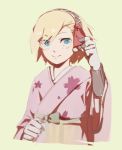  1girl 3four aegis_(persona) android blonde_hair blue_eyes blush closed_mouth highres japanese_clothes kimono persona persona_3 ribbon robot short_hair solo yukata 