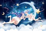  2girls :d :o bangs bare_legs bare_shoulders barefoot bili_girl_22 bili_girl_33 bilibili_douga blue_hair blush clouble clouds commentary_request crescent dress eyebrows_visible_through_hair hair_between_eyes hand_holding highres interlocked_fingers long_hair multiple_girls open_mouth parted_lips pink_ribbon puffy_short_sleeves puffy_sleeves red_eyes ribbon short_sleeves smile soles star very_long_hair white_dress 
