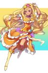  1girl amamiya_erena arm_up blonde_hair boots collarbone cure_soleil dark_skin dress earrings floating_hair frilled_dress frills hair_ornament highres jewelry knee_boots layered_dress leg_up long_hair looking_at_viewer mole mole_under_eye necklace orange_dress outstretched_arm precure shimatani_azu sleeveless sleeveless_dress smile solo star star_hair_ornament star_twinkle_precure very_long_hair violet_eyes white_footwear wrist_cuffs 