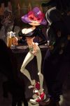  1girl alcohol alex_ahad antennae bar beer beer_mug black_torch breasts casual cleavage commentary english_commentary fallout_(black_torch) front-tie_top full_body highres large_breasts lips navel no_bra pants purple_hair short_hair slender_waist smirk solo_focus under_boob 