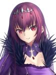  1girl bangs breasts cleavage closed_mouth dress eyebrows_visible_through_hair fate/grand_order fate_(series) feather_trim hair_between_eyes head_tilt headpiece medium_breasts mishiro0229 purple_dress red_eyes redhead scathach_(fate)_(all) scathach_skadi_(fate/grand_order) simple_background smile solo upper_body white_background 