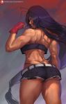  1girl ass bare_shoulders blue_eyes breasts butt_crack commentary cutesexyrobutts dark_skin fingerless_gloves from_behind gloves highres ikkitousen kan&#039;u_unchou large_breasts long_hair looking_at_viewer looking_back muscle pinup purple_hair short_shorts shorts solo standing thick_thighs thighs thong toned under_boob very_long_hair 