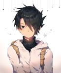  1boy artist_name black_eyes frown hair_over_one_eye highres jacket kkotto looking_at_viewer male_focus ray_(yakusoku_no_neverland) simple_background snowflakes solo turtleneck upper_body white_jacket yakusoku_no_neverland 