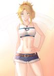  1girl absurdres artist_request bandeau bangs bare_shoulders belt blonde_hair blush breasts clarent collarbone cutoffs denim denim_shorts fate/apocrypha fate_(series) gradient gradient_background green_eyes hair_ornament hair_scrunchie hand_on_hip highres jewelry long_hair looking_at_viewer medium_breasts mordred_(fate) mordred_(fate)_(all) navel necklace parted_lips ponytail scrunchie shirt short_shorts shorts sidelocks smile solo sword thighs weapon white_shirt 