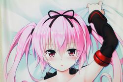  1girl arm_up armpits artist_request dakimakura detached_sleeves face highres long_hair lying nana_asta_deviluke on_back open_mouth photo pink_eyes pink_hair ribbon solo to_love-ru topless twintails 