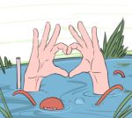  1girl air_bubble breath bubble commentary covered_face eyeball hands hands_focus head_out_of_frame headband heart heart_hands immersed komeiji_satori lily_pad mefomefo outdoors partially_submerged short_hair solo submerged third_eye touhou water 