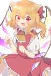  1girl animal_ears aoi_(annbi) blonde_hair blush bow cat_ears cat_tail collared_shirt crystal eyebrows_visible_through_hair flandre_scarlet hair_bow highres looking_at_viewer open_mouth puffy_short_sleeves puffy_sleeves red_bow red_eyes shirt short_hair short_sleeves simple_background sketch smile solo tail touhou white_background white_shirt wings 