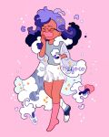 1girl artist_name black_hair closed_eyes cup full_body glass glasses grey_shirt highres holding holding_cup meyoco multicolored_hair open_mouth original pink_background pink_legwear purple_hair shirt shorts simple_background socks solo sparkle walking white_shorts yawning 