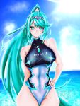  1girl absurdres aqua_eyes aqua_hair bangs bare_hips beach breasts commentary_request competition_swimsuit earrings gem hair_ornament headpiece highleg highleg_swimsuit highres hip_bones hip_focus hksicabb huge_filesize jewelry large_breasts long_hair looking_at_viewer neon_trim nintendo ocean one-piece_swimsuit pneuma_(xenoblade) ponytail pose smile solo spoilers swept_bangs swimsuit tiara very_long_hair xenoblade_(series) xenoblade_2 