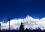  1girl absurdres blue_sky blue_theme brown_hair building city clouds commentary_request contrail cowboy_shot day from_behind highres light_particles meeu0biss original outdoors power_lines scenery silhouette sky skyline solo utility_pole 
