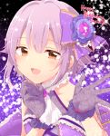  1girl aoi_(annbi) bare_shoulders blush bow brown_eyes character_name collarbone eyebrows_visible_through_hair flower gloves hair_bow happy_birthday highres idolmaster idolmaster_cinderella_girls idolmaster_cinderella_girls_starlight_stage jewelry koshimizu_sachiko looking_at_viewer necklace open_mouth purple_bow purple_gloves purple_hair short_hair smile solo 