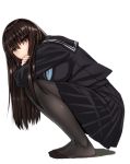  1girl black_legwear black_serafuku black_skirt brown_eyes brown_hair crossed_arms from_side full_body kokuryuugan kuro_senpai_to_kuro_yashiki_no_yami_ni_mayowanai long_hair looking_at_viewer no_shoes pantyhose school_uniform senpai_(kuro_senpai) serafuku simple_background skirt solo squatting white_background 