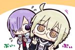  &gt;:) 2girls artoria_pendragon_(all) bangs black_dress black_jacket blush_stickers braid brown_eyes closed_mouth commentary_request double_v dress eyebrows_visible_through_hair fate/grand_order fate_(series) flying_sweatdrops glasses gym_shirt hair_between_eyes hair_over_one_eye hood hood_down hooded_jacket jacket kasuga_yuuki light_brown_hair mash_kyrielight multiple_girls mysterious_heroine_x_(alter) necktie open_clothes open_jacket orange_background purple_hair red_neckwear shirt sidelocks smile two-tone_background v v-shaped_eyebrows violet_eyes white_background white_jacket white_shirt 