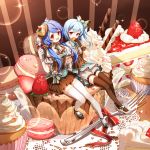  2girls :d bangs bili_girl_22 bili_girl_33 bilibili_douga blue_bow blue_hair blush bow breasts brown_footwear brown_gloves brown_legwear brown_skirt cake center_frills closed_mouth clouble commentary_request doily eating eyebrows_visible_through_hair food fork fruit glint gloves hair_between_eyes hair_ornament highres holding holding_food holding_spoon in_food macaron minigirl multiple_girls open_mouth pleated_skirt puffy_short_sleeves puffy_shorts puffy_sleeves red_eyes shirt shoes short_shorts short_sleeves shorts sitting skirt slice_of_cake small_breasts smile sparkle spoon star strawberry strawberry_shortcake striped striped_background striped_bow thigh-highs underbust vertical-striped_background vertical_stripes wafer_stick whipped_cream white_footwear white_gloves white_legwear white_shirt white_shorts 