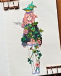  1girl artist_name black_eyes black_shirt eyebrows_visible_through_hair flower full_body highres leaf long_hair long_sleeves meyoco original photo pink_flower pink_hair pink_shorts plant shirt shorts solo standing traditional_media vines white_legwear 